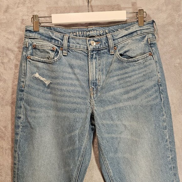 New American Eagle Jeans Womens 8 distressed Flare Leg 2 color hem Stretch Logo - Picture 2 of 16